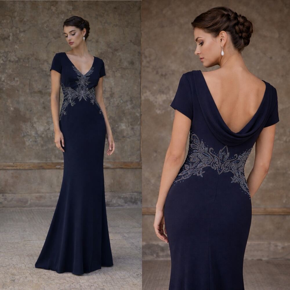 New Lotus Threads Ball Gown Black Tie Dress Wedding Navy Blue Beaded Cowl Back 2